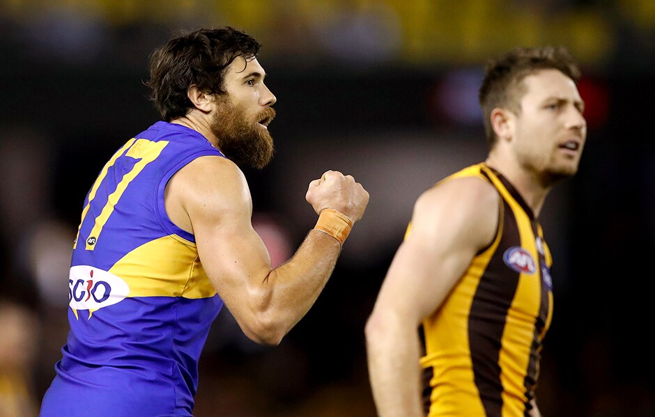 AFL 2018 Round 10 - Hawthorn v West Coast MELBOURNE, AUSTRALIA - MAY 27: Josh Kennedy of the Eagles celebrates a goal during the 2018 AFL round 10 match between the Hawthorn Hawks and the West Coast Eagles at Etihad Stadium on May 27, 2018 in Melbourne, Australia. (Photo by Adam Trafford/AFL Media)